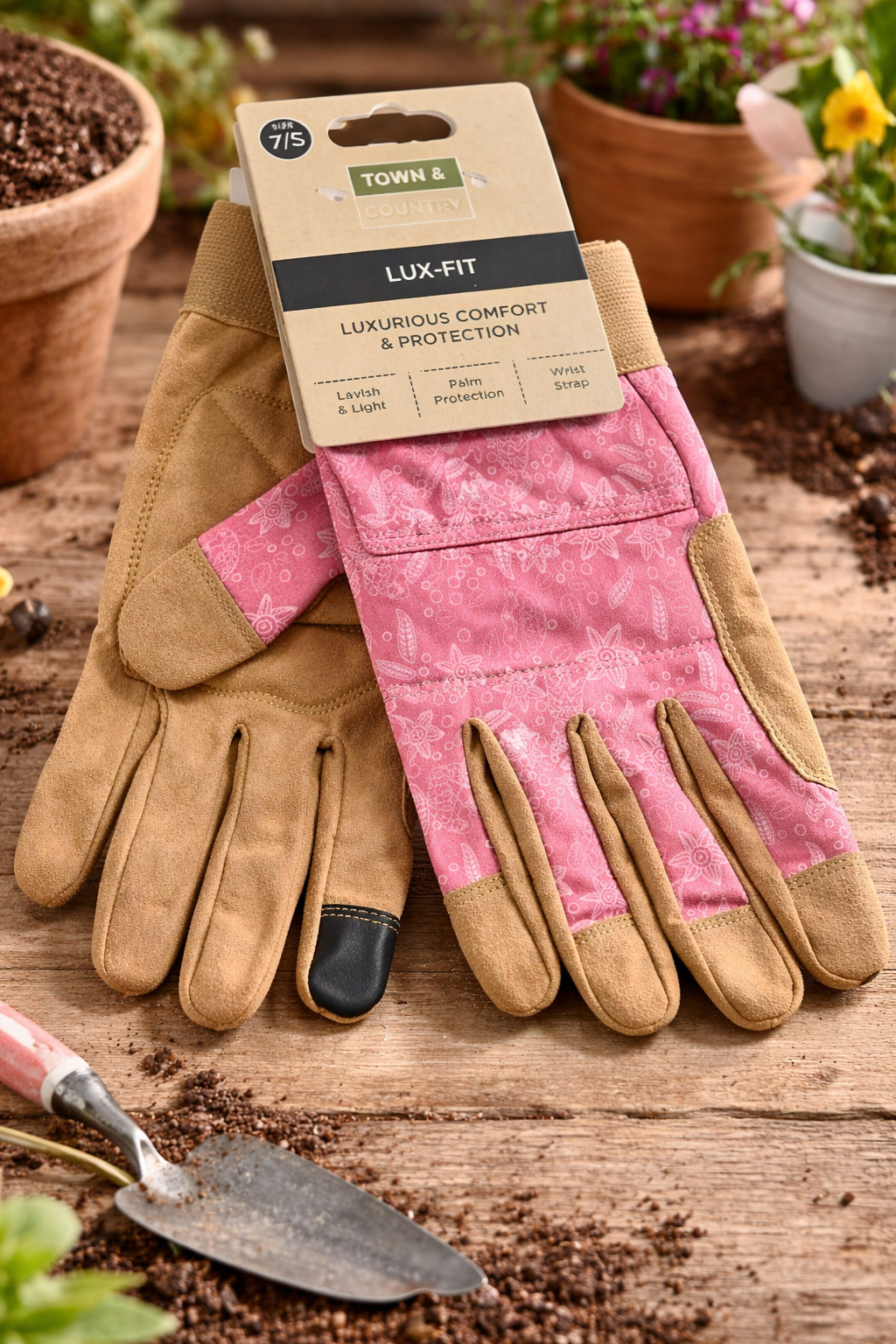 Town & Country Guantes Jardinería Lux Fit Mujer Talla 7 Rosa Camel Simil Cuero