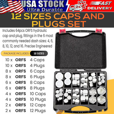 64Pcs ORFS O-Ring Plug Cap Hydraulic Flat Face Seal Fittings ORS Kit 4-16mm