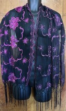 Black Mesh Magenta Sequin Floral Scarf W/ Black Fringe Formal Event Prom 66x22  