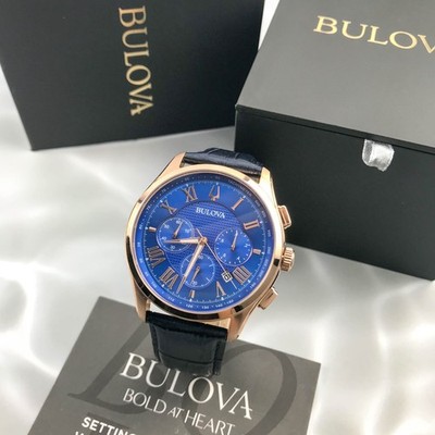 Bulova Men's Classic Wilton 97B170 Blue Dial Leather Chronograph Watch 45MM