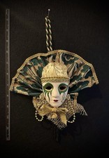 Venetian Style Decorative Wall Mask Gold Green Fabric Metallic Thread Painted