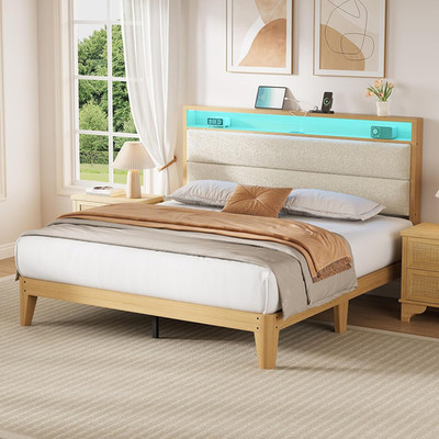 Queen Size Boucle Bed Frame with LED Lights & Charging Station - Cream