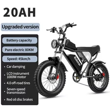1000W Electric Bicycle 48V 20AH 20 inch Fat Tire Mountain E-Bike 33 MPH 7 Speed