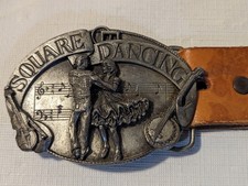 Vintage 1988 Siskiyou Pewter Square Dancing Belt Buckle And Saddle Leather Belt.