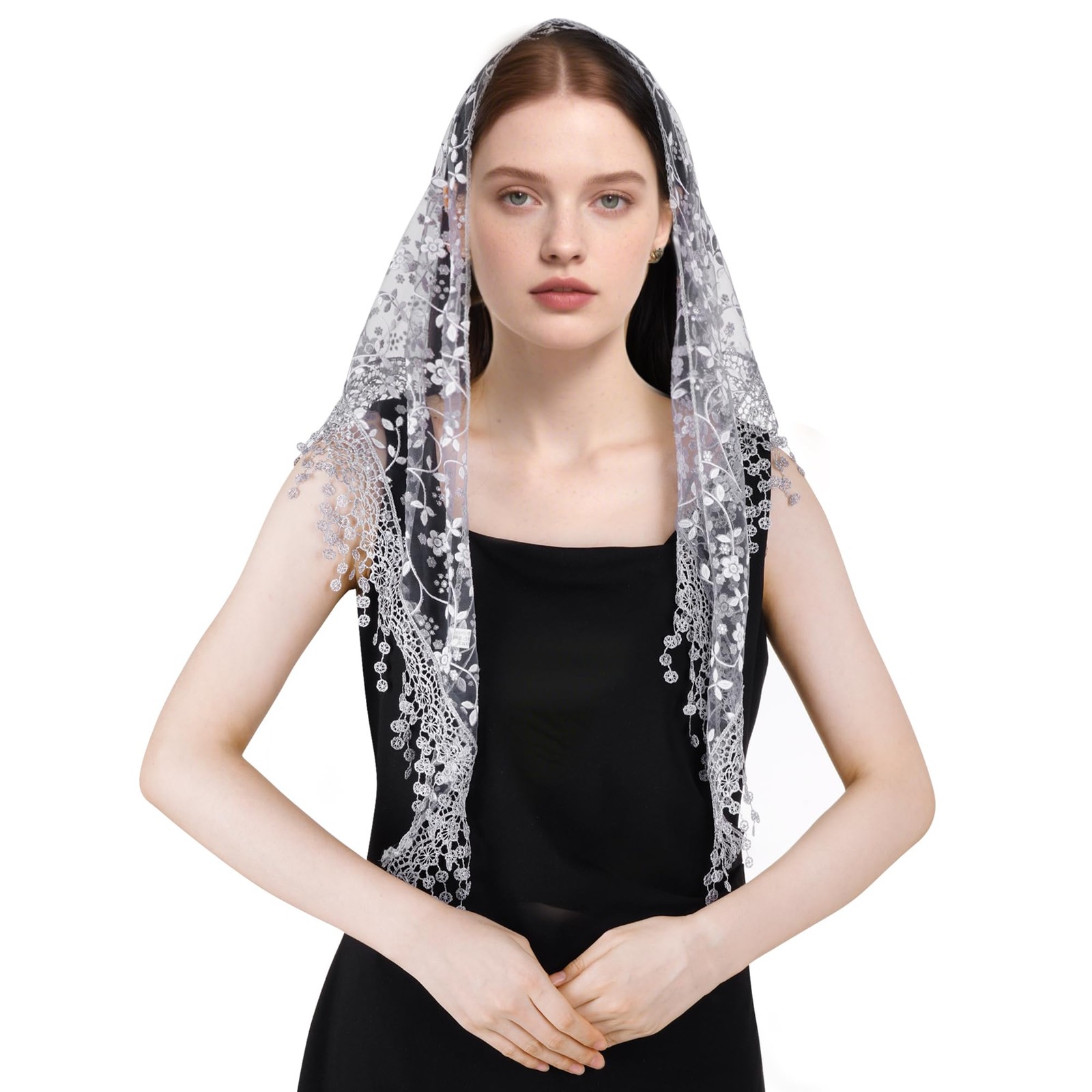 Triangle Lace Mantilla Veil with Tassel Tulle Scarf Shawl Cathedral Head Cove...
