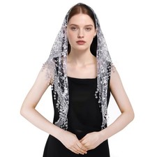Triangle Lace Mantilla Veil with Tassel Tulle Scarf Shawl Cathedral Head Cove...