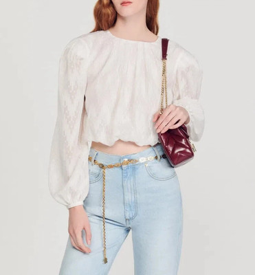 Sandro Paris Damen Ecru Puffärmel Offener Rücken Cropped Bluse Größe 0 XS UK 6