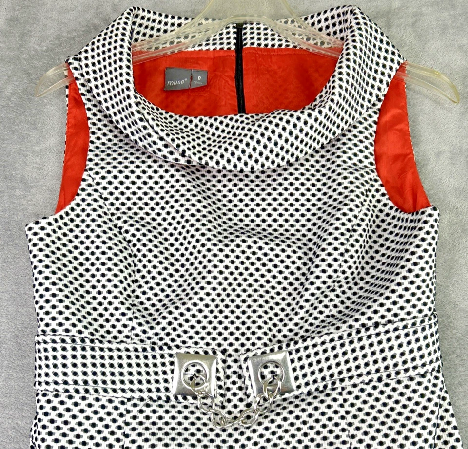 MUSE Dress Women's Size 8 Sheath Black White Mod Career Cowl Neck 60s Office - Image 2 of 4