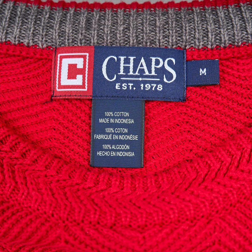 Chaps Sweater Men’s M Red Cotton Cable Herringbone Crest Crewneck - Image 4 of 4
