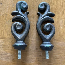 2 Metal Scroll Finials Black Bronze w/ Green Patina Length 3.75” Width 1.25”