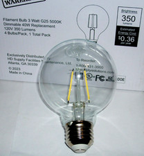 LOT OF 4 - LED Filament Bulbs, G25, 5000K, Clear, Dimmable, 40 Watt. 350 Lumens