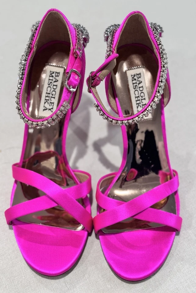 Badgley Mischka Women's Satin Pink Rhinestone Open Toe Heels Stiletto Size 6 - Image 2 of 4