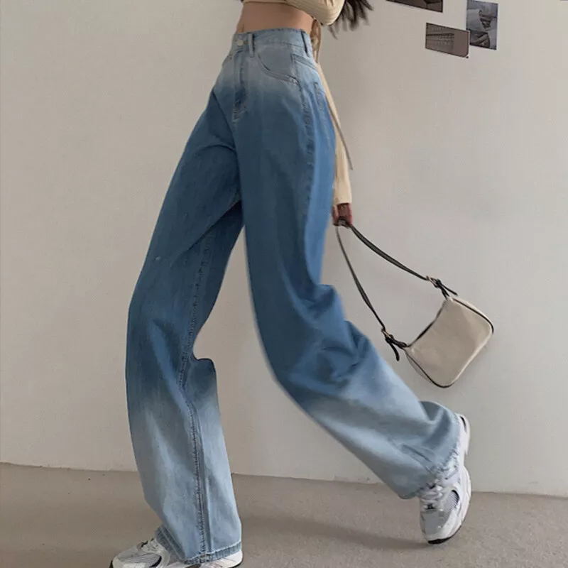 Lady Jeans Denim Pants Trousers Gradient Color Long Straight Wide