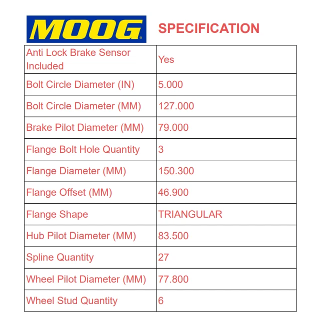 Cojinetes de cubo de rueda delantera MOOG para Chevy Trailblazer 2002-2009 GMC Envoy XL 6 tacos Foto 4 de 4