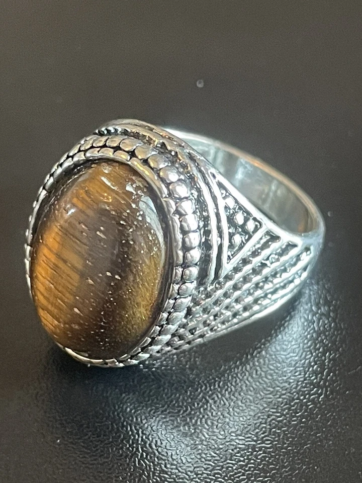Piedra de ojo de tigre natural S925 plateado anillo llamativo para hombre talla 10 Foto 3 de 4