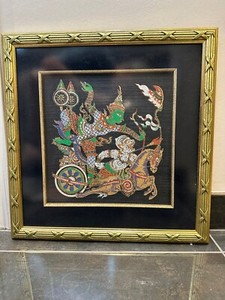 Vintage Gold Framed Thailand Painted Silk Art 1997
