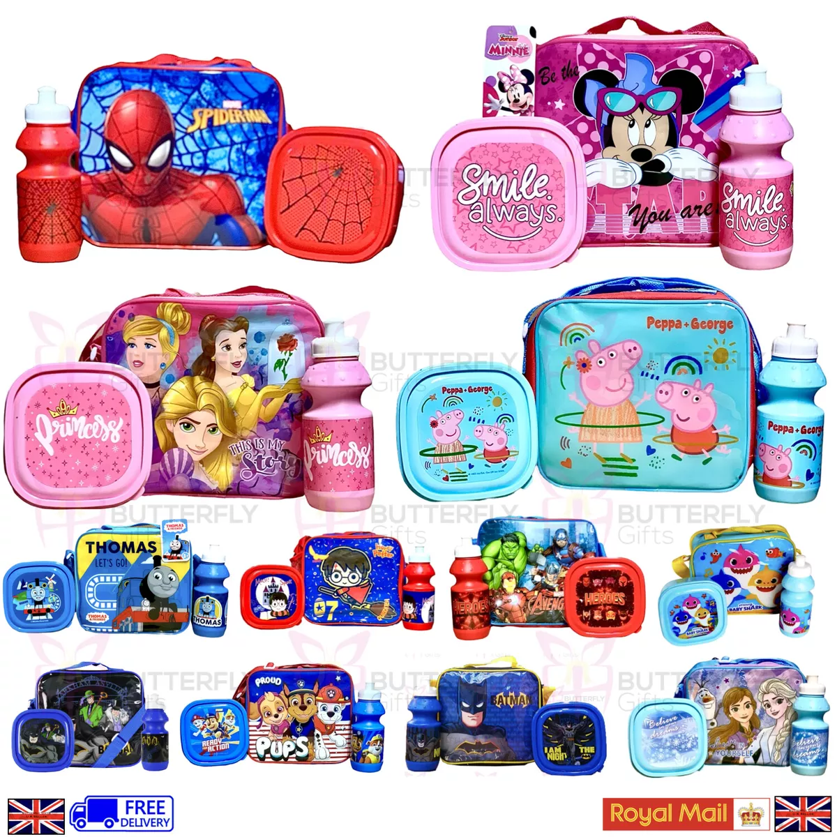 Childrens Kids Insulated 3pc Lunch Bag Set Box Kids Boys Girls School Food  Bag