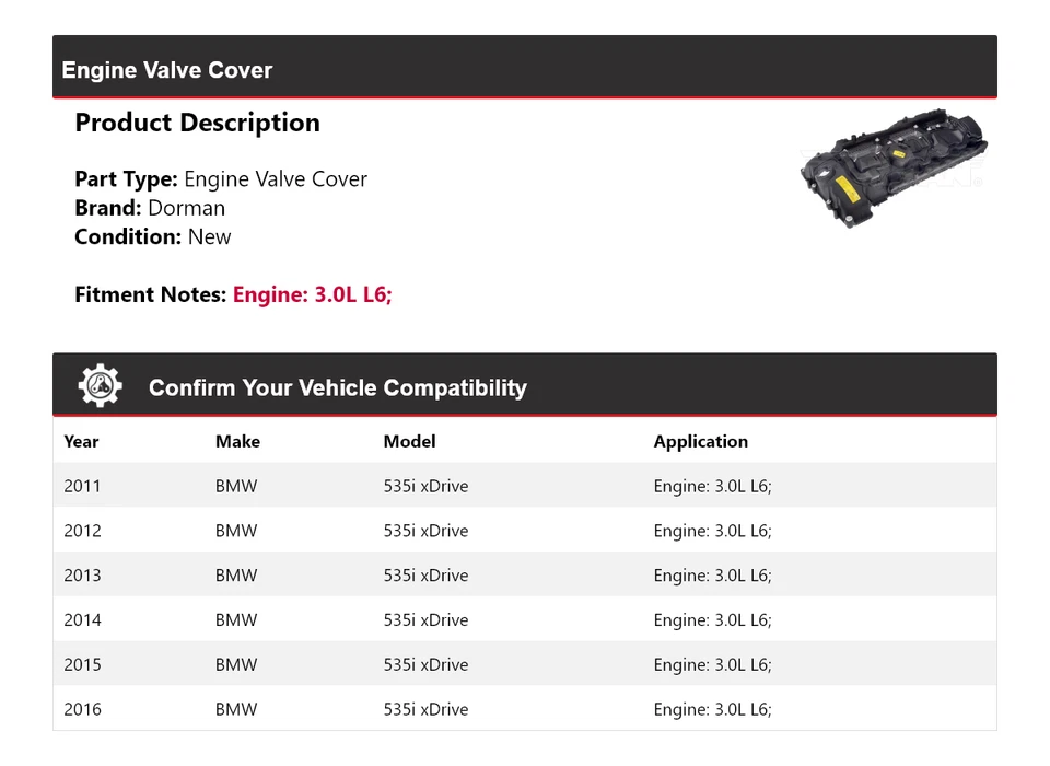 Cubierta de válvula de motor Dorman L6 3,0 L para BMW 535i xDrive 2011-2016 2012 2013 2014 Foto 2 de 4