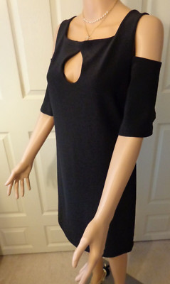 Boston Proper Black Cold Shoulder Flutter Sleeve Key Hole Stretch Dress Sz S