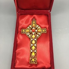 Ornate Gold Jeweled Antiqued Christian Cross Christmas Tree Ornament W/ Case