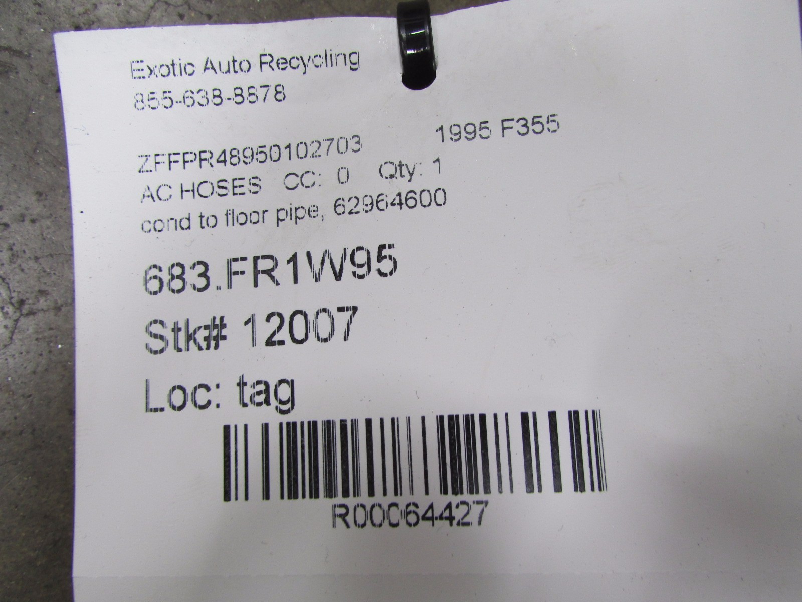 Ferrari F355, AC Hose, Condenser to Floor Pipe, Used, P/N 62964600