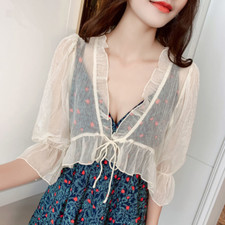Cardigan Bolero Capelet Ruffles In Chiffon Donna Top Corto Trasparente