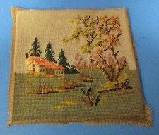 old hand made completed needlepoint House/church trees Spring Summer rj