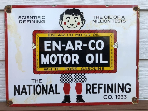 VINTAGE EN-AR-CO NATIONAL MOTOR OIL 16” PORCELAIN SIGN PETROLEUM PRODUCTS