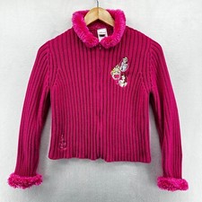 Disney Full Zip Sweater Pink Girls Large Long Sleeve Knitted Fur Collared