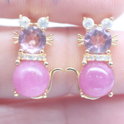 Heated Gemstone 8 mm. Pink Ruby & White Zircon Earrings 925 Sterling Silver