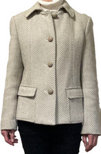 Talbots Blazer Herringbone 4-Button Front Wool Blend Cream Tan Jacket Size 4-EUC