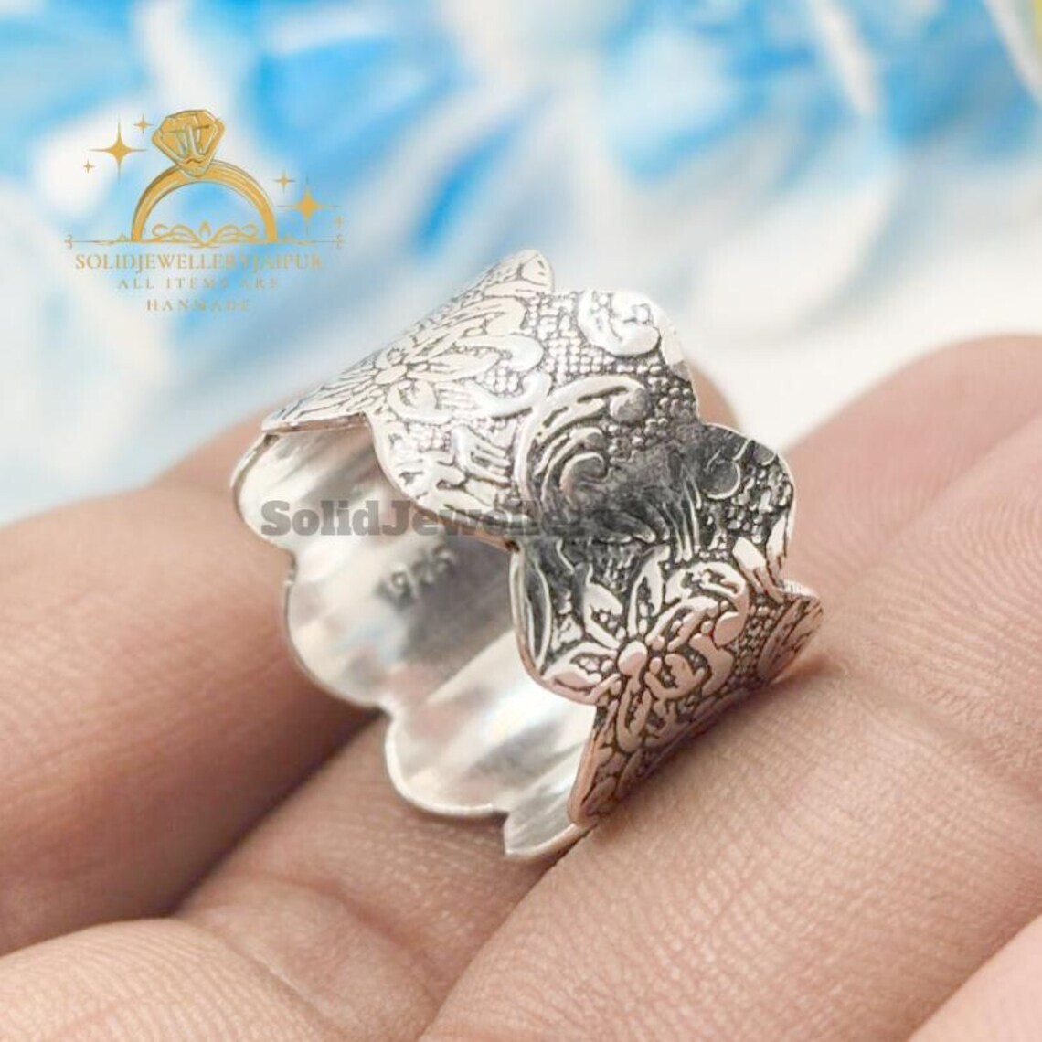 Flower Band Ring, 925 Sterling Silver Wide Band Ring Open Wide Band Ring Silver