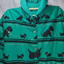 Vtg 80s Scottish Terrier Coat Blowout La Green Reversible All Over Scotty Dogs L