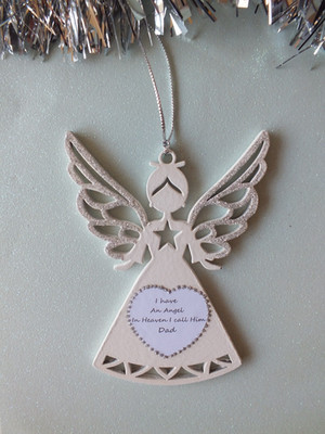 Personalisierter Christbaumschmuck weißer Engel 14 cm hoch jede kurze Nachricht.