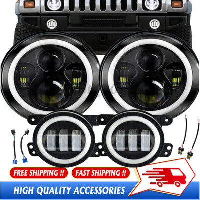 7inch Halo LED Headlights & 4'' Fog Lights Combo Kit For Hummer H2 H3T 06-10