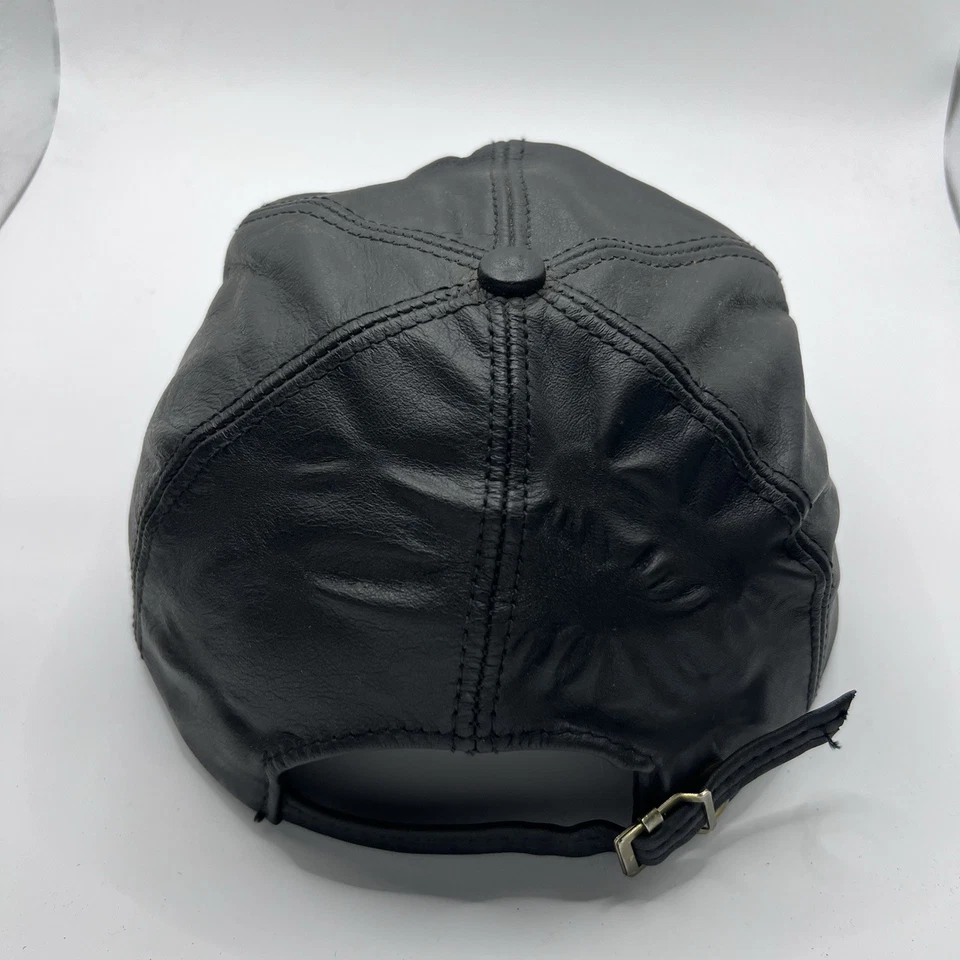 复古 90S 全黑色皮革可调肩带男式帽子均码美国 — 第 3/4 张图片