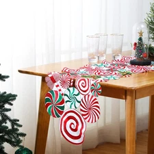 Christmas Table Runner Embroidered Poinsettia Lollipop Candy Cane Table Runne...