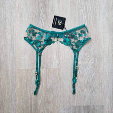 Honey Birdette Whitney Garter Belt Sz XS Floral Embroidery Emerald New With Tags