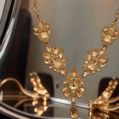 Gold Tone Champagne Crystal Cluster Teardrop Drop Pendant Statement Necklace