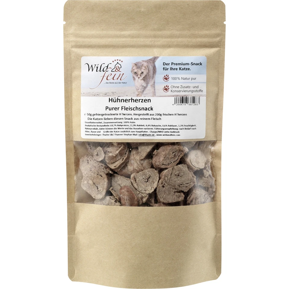 Wild & Fein Hühnerherzensnack für Katzen, gefriergetrocknet - 50g Katzensnack 