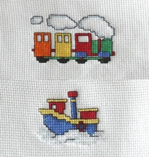 Set of cute Tugboat and Train completed finished cross stitch. Unframed. Gift