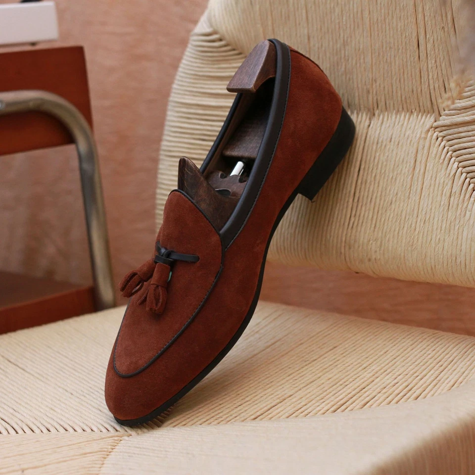 Mocassim retrô borla britânico masculino couro camurça real sapatos de negócios casuais - Imagem 4 de 4