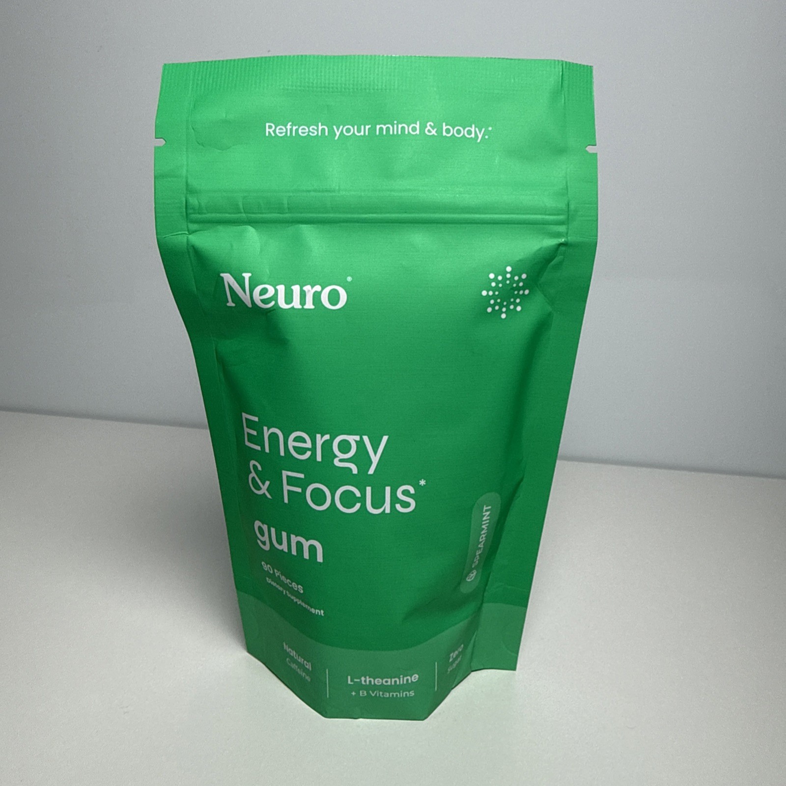 NeuroGum Spearmint Energy Caffeine Gum 90 Pcs with L-theanine + Natural 08/27