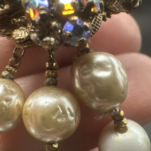 Vintage Miriam Haskell Pearl & Rhinestone Seeded Pearls Flower 3 Strand Bracelet - Picture 8 of 12