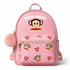 Paul Frank Julius Monkey Mini Zaino Rosa Stampa Cuore Pompon Charm Nuovo con etichette
