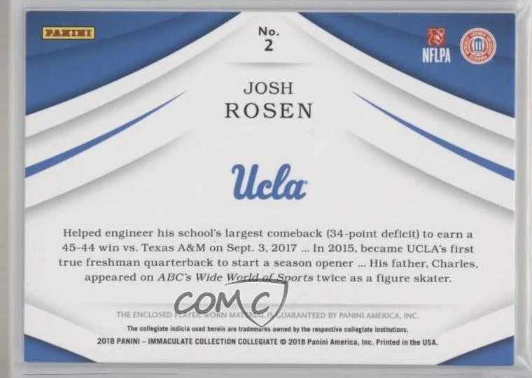 2018 Panini Immaculate Collegiate Immaculate Jumbos /99 Josh Rosen #2 Rookie RC - Image 2 of 2