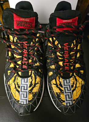 Versace Trigreca Men's Low Top Lace-Up Sneakers Black Gold Red White Baroque