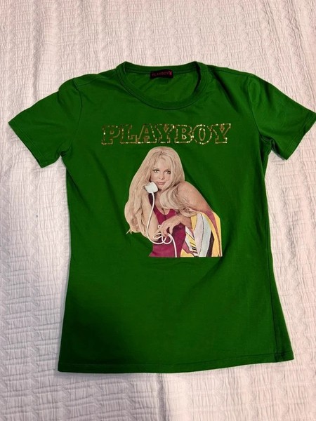 Vintage-Style Playboy Green Gold Graphic Baby Tee Size L Y2K