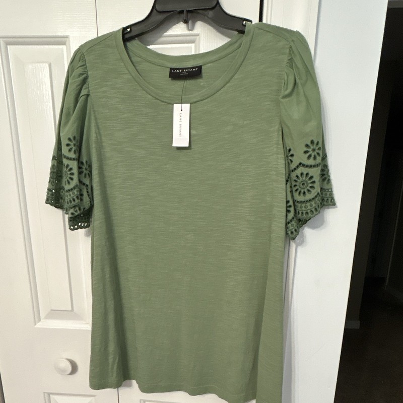 Lane Bryant Green Round Neck Short Sleeve Knit Cotton Embroidered Top 14/16