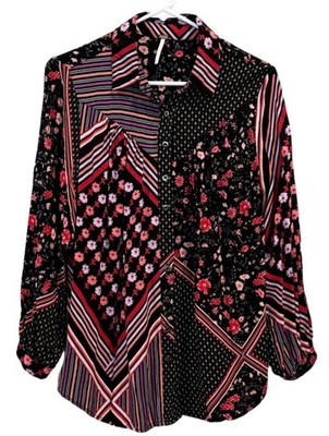 Free People Hazel Patchwork Shirt in Black Combo Size Small